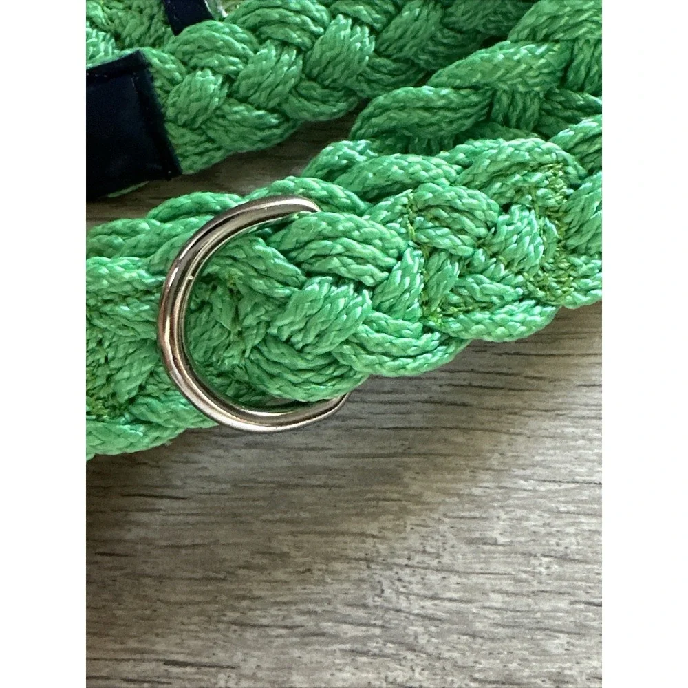 Green Braided Rope Belt Navy Blue Enamel Quatrefoil Buckle Preppy Nautical 31in